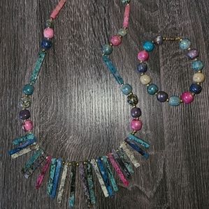 VINTAGE 2 PC SET HOWLITE STONES LONG TRIBAL NECKLACE & BRACELET COSTUME HANDMADE